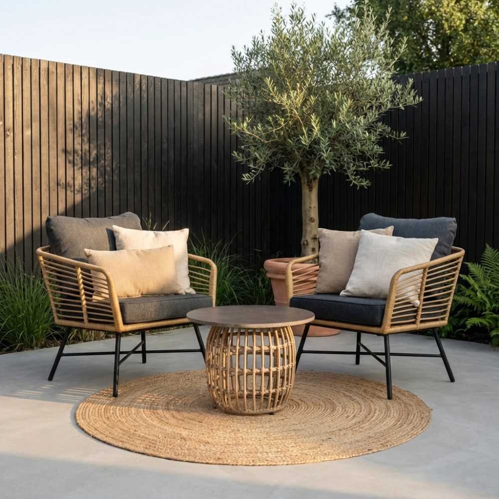 Flow lounge balkonset 2 personen | wicker + betonlook | Bamboo antraciet | 3-delig
