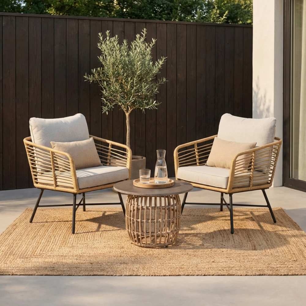 Flow lounge balkonset 2 personen | wicker + betonlook | Bamboo taupe | 3-delig