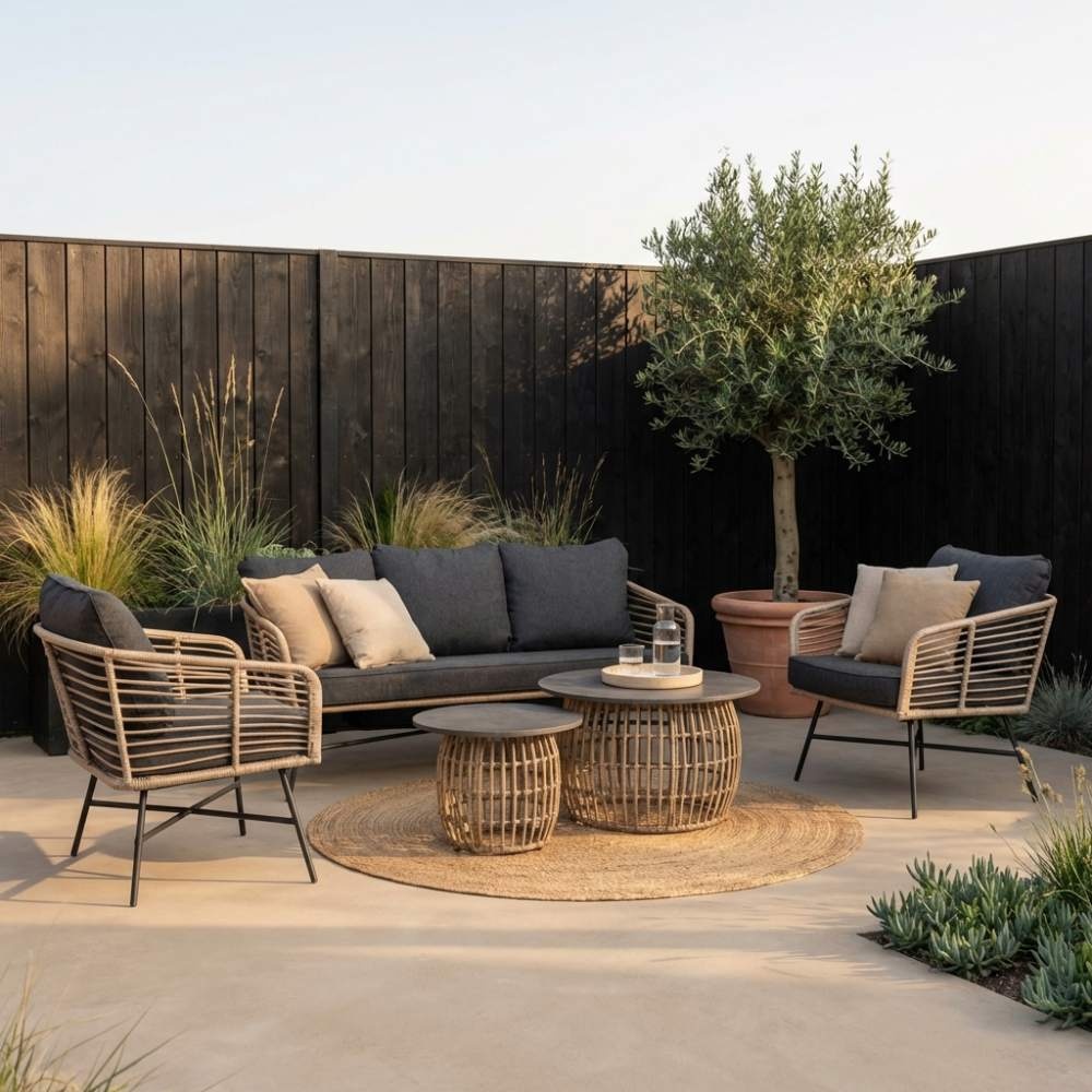 Flow stoel-bank loungeset 5 personen | wicker + betonlook | bamboo antraciet | 5-delig