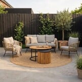 Flow/Roundi stoel-bank loungeset met vuurtafel 5 personen | wicker + aluminium | Bamboo taupe | 3-delig