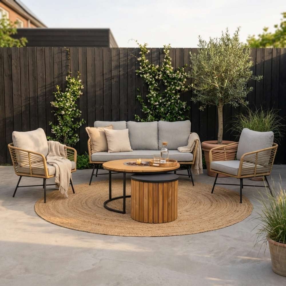 Flow/Roundi stoel-bank loungeset met vuurtafel 5 personen | wicker + aluminium | Bamboo taupe | 3-delig