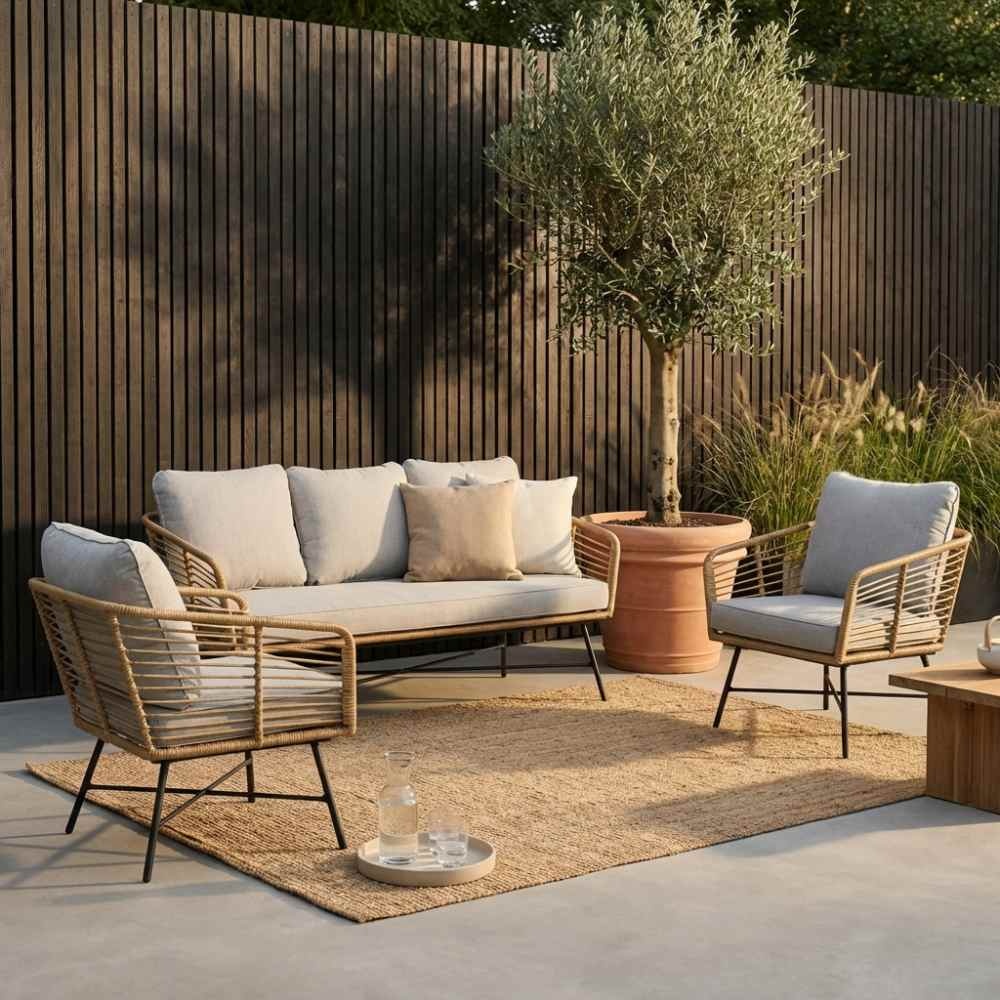 Flow/Aurora stoel-bank loungeset 5 personen | wicker + teakhout | Bamboo taupe | 5-delig