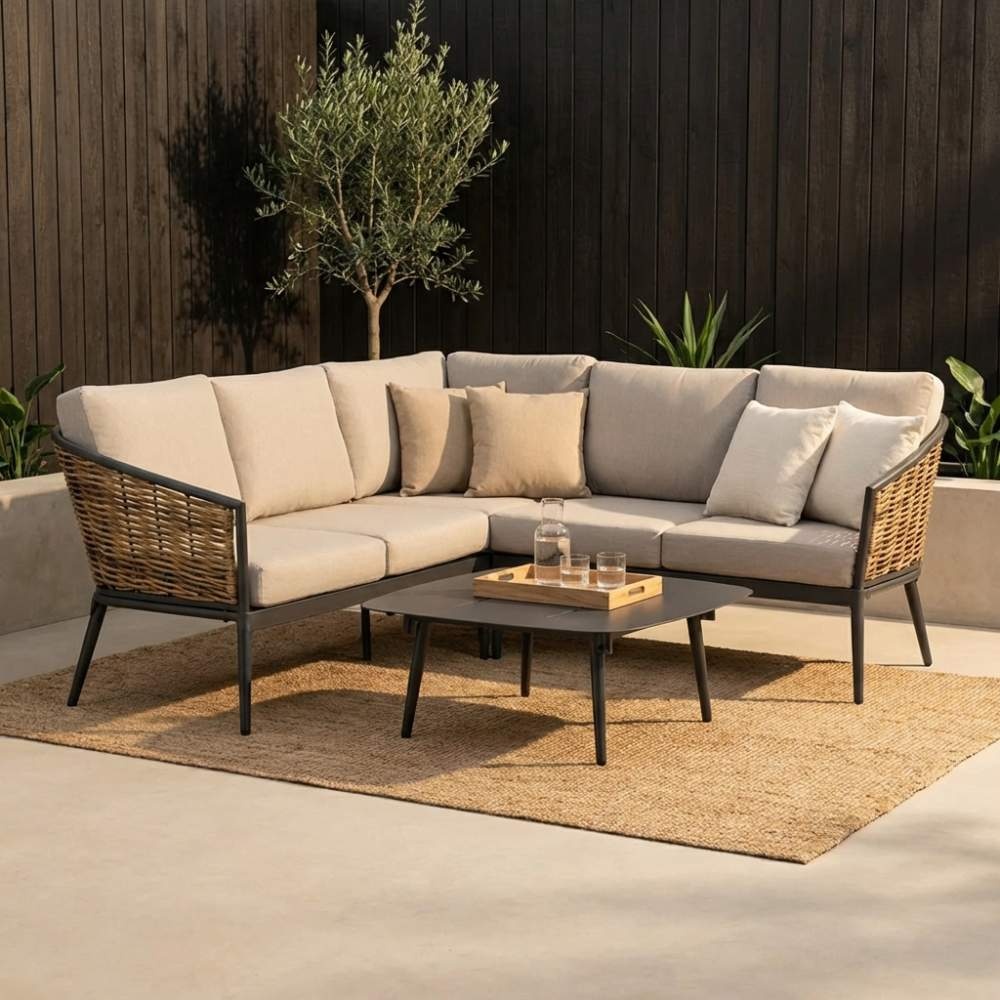 Lucca hoek loungeset 5 personen | wicker + aluminium | zand | 3-delig - 196x196cm