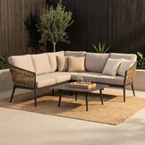 Lucca/Mida hoek loungeset met vuurtafel 4 personen | wicker + aluminium | zand | 3-delig - 196x196cm