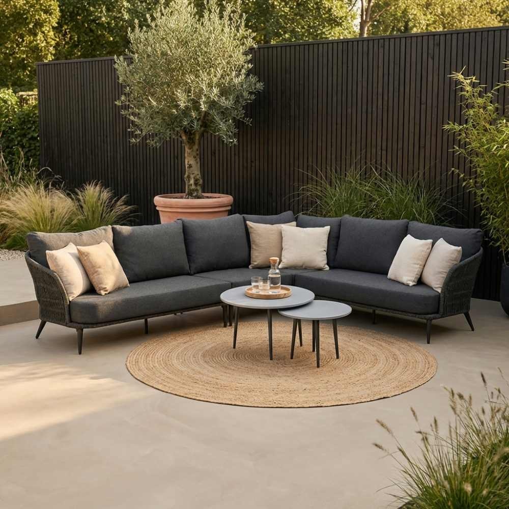 Palermo hoek loungeset met tussenmodule & betonlook  tafels 6 personen | aluminium + touw | Lava Grey