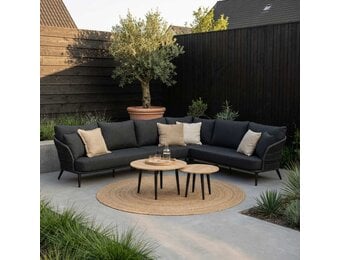 Palermo hoek loungeset met tussenmodule & teak tafels 6 personen | aluminium + touw | Lava Grey