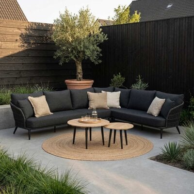 Palermo hoek loungeset met tussenmodule & teak tafels 6 personen | aluminium + touw | Lava Grey