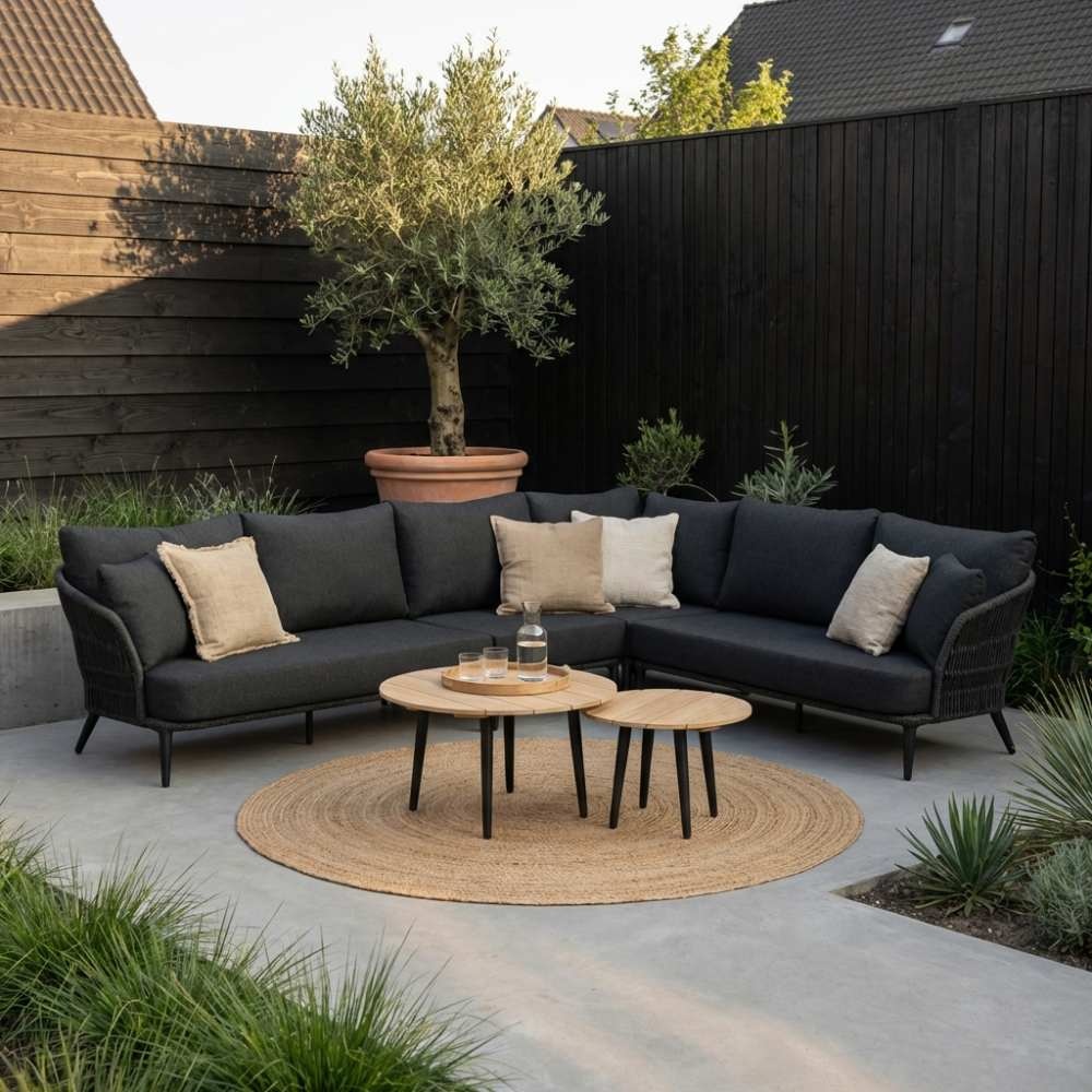 Palermo hoek loungeset met tussenmodule & teak tafels 6 personen | aluminium + touw | Lava Grey