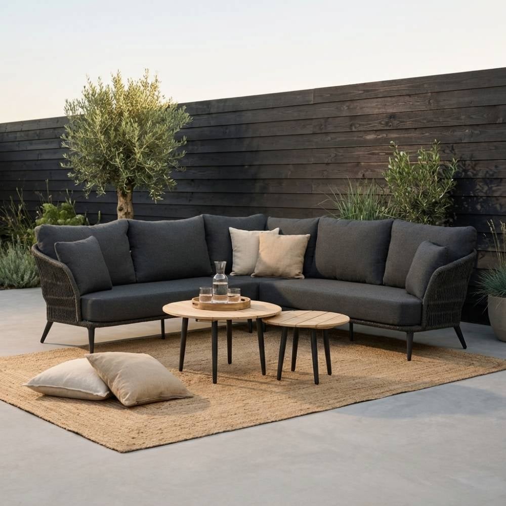 Palermo hoek loungeset met tussenmodule & teak tafels 6 personen | aluminium + touw | Lava Grey