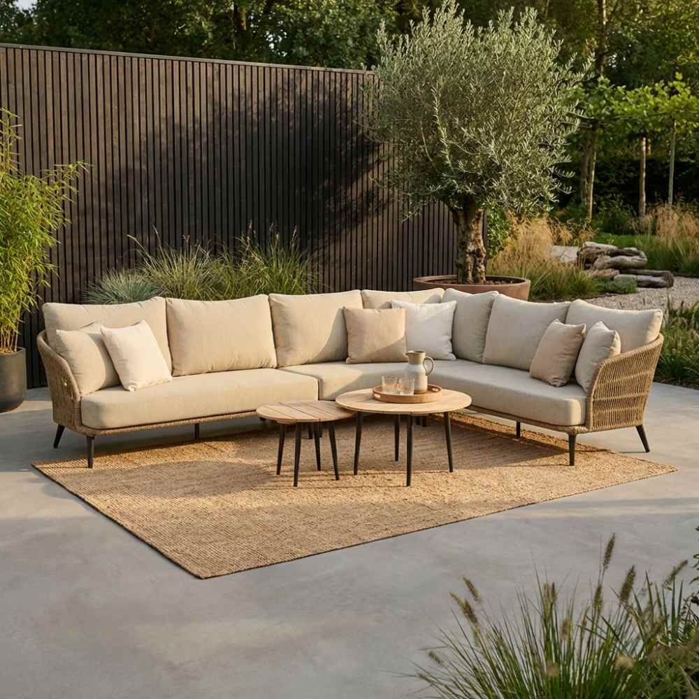 Palermo hoek loungeset met tussenmodule &amp; teak tafels 6 personen | aluminium + touw | Sahara Dust | 7-delig - 230x294cm