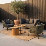 Palermo/Roundi stoel-bank loungeset met vuurtafel 5 personen | aluminium + touw | olijfgroen | 5-delig