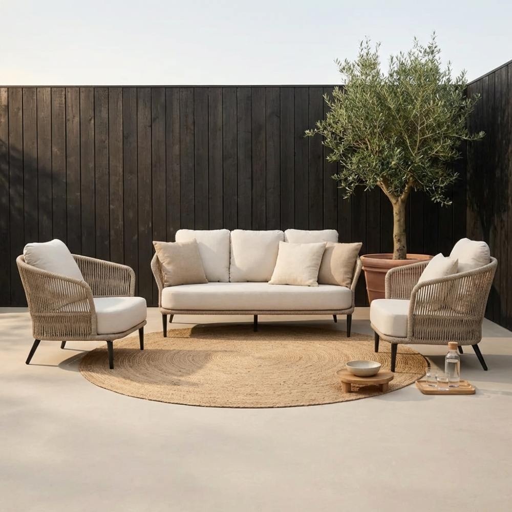 Palermo stoel-bank loungeset 5 personen | aluminium + touw | Sahara Dust | 3-delig