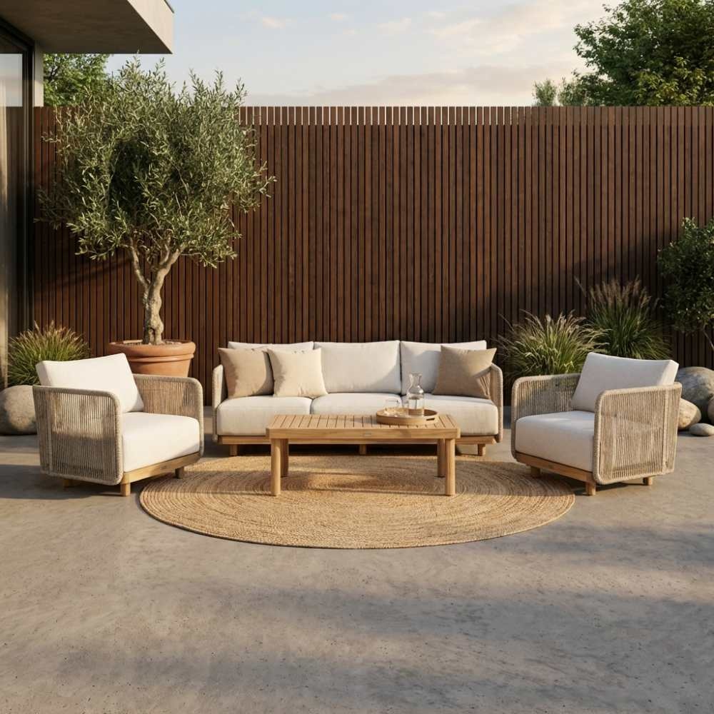 Sienna stoel-bank loungeset 5 personen | touw + hardhout | zand | 3-delig