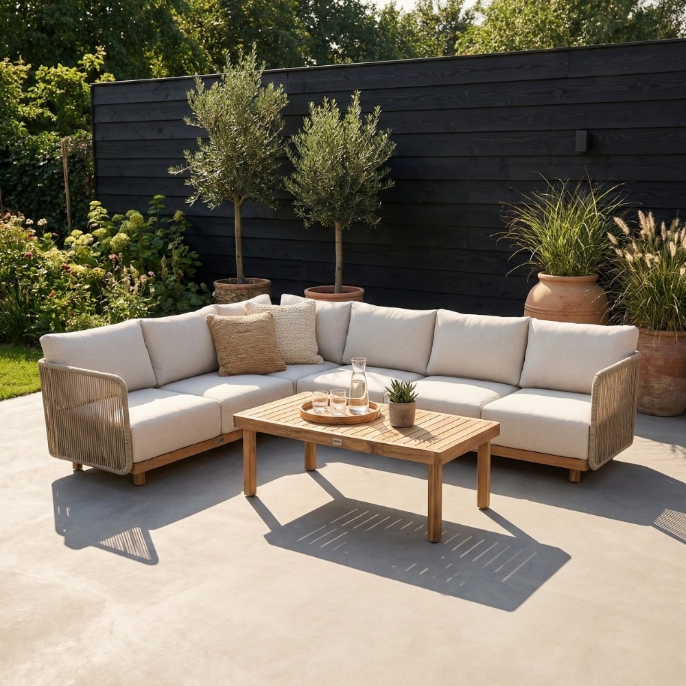 Sienna hoek loungeset 6 personen | touw + hardhout | zand | 4-delig - 296x226cm