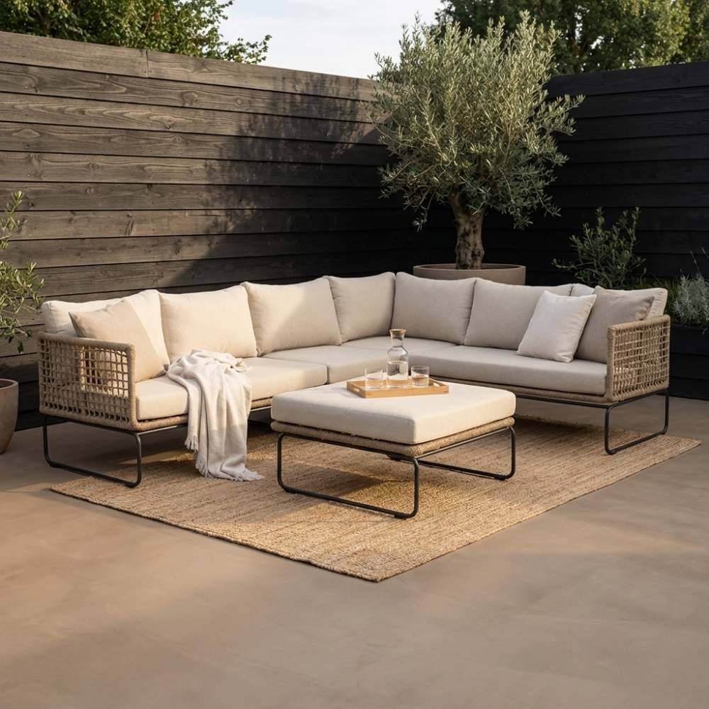 Tulum hoek loungeset met tussenmodule &amp; stoel 7 personen | rvs + touw | Sahara Dust | 5-delig - 261x211cm