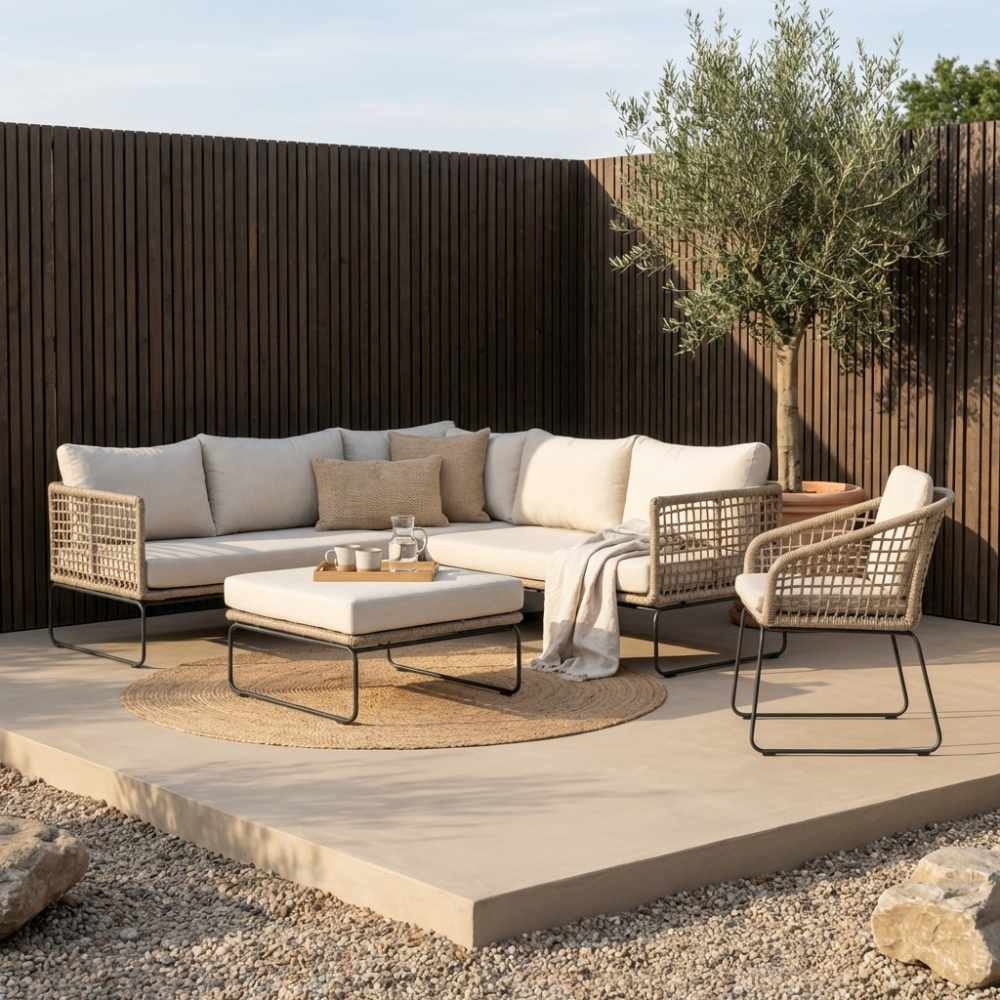 Tulum hoek loungeset met stoel 6 personen | rvs + touw | Sahara Dust | 5-delig - 211x211cm