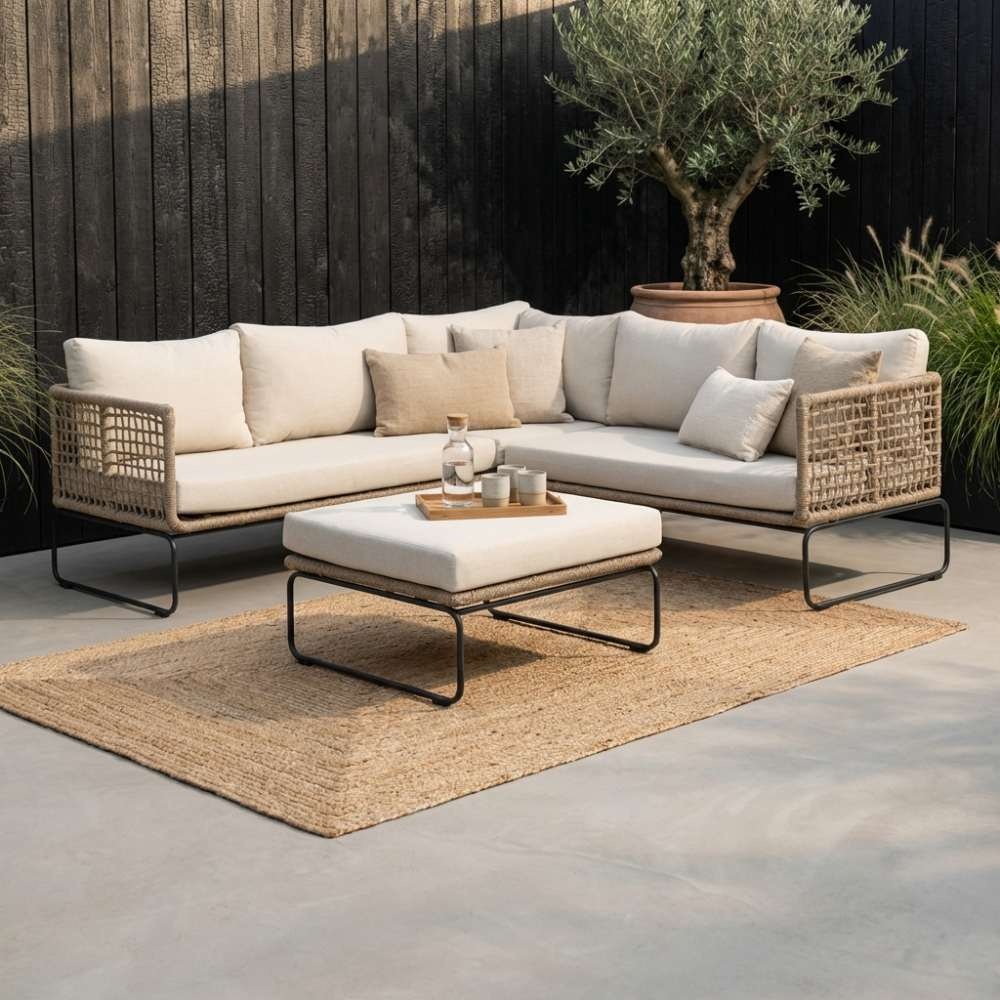 Tulum hoek loungeset met stoel 6 personen | rvs + touw | Sahara Dust | 5-delig - 211x211cm