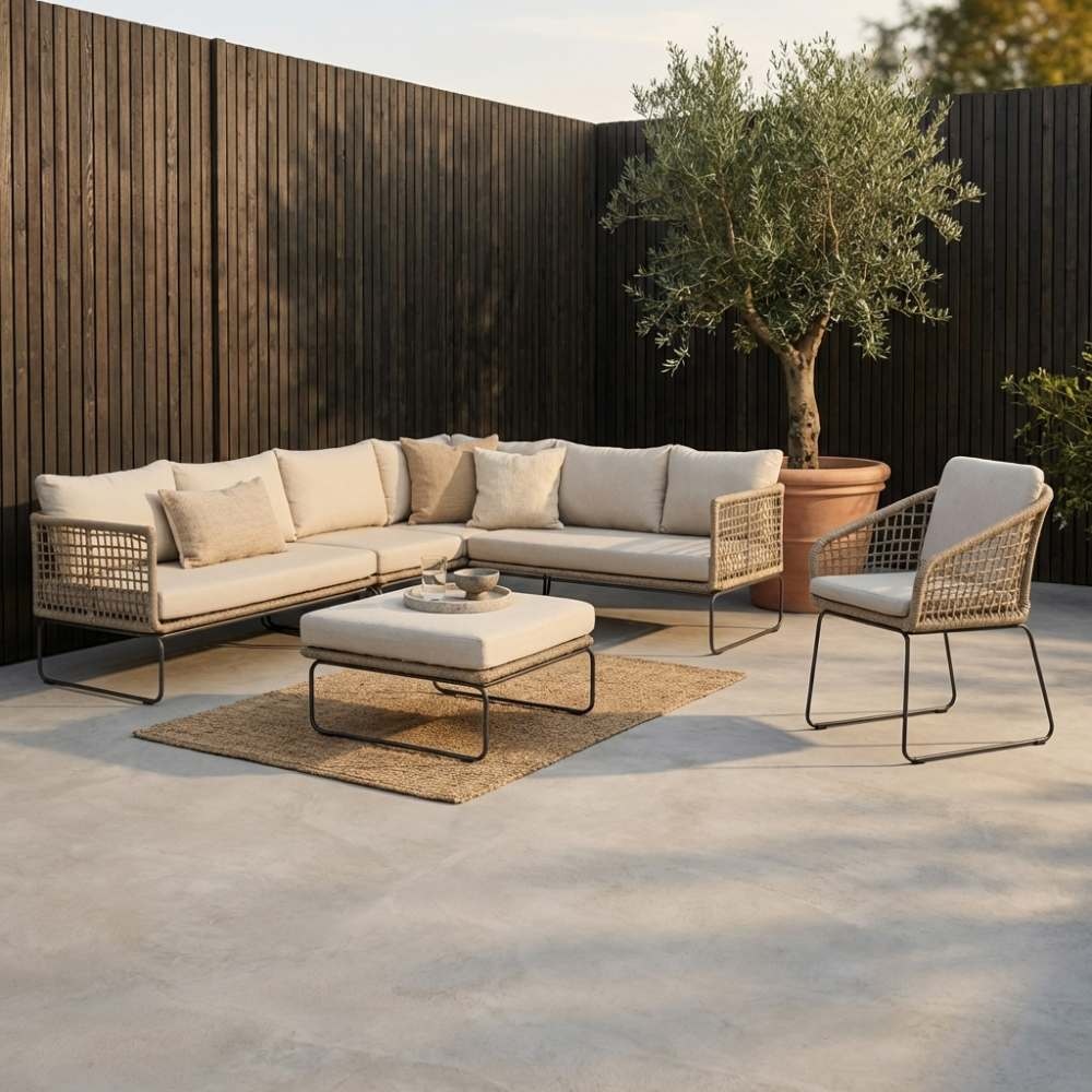 Tulum hoek loungeset met tussenmodule 6 personen | rvs + touw | Sahara Dust | 5-delig - 261x211cm
