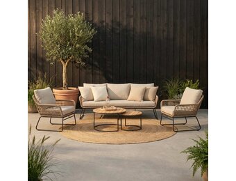 Valencia/Aurora stoel-bank loungeset 5 personen | touw + teakhout | Sahara Dust | 5-delig