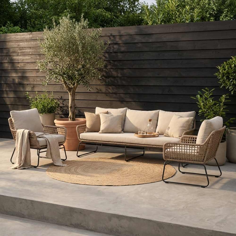 Valencia stoel-bank loungeset 5 personen | touw + aluminium | Sahara Dust | 3-delig