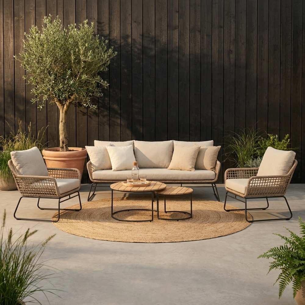 Valencia stoel-bank loungeset 5 personen | touw + aluminium | Sahara Dust | 3-delig