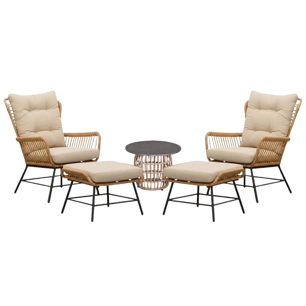 BUITEN living Dex lounge balkonset 2 personen | wicker + aluminium | Bamboo taupe | 5-delig – Taupe – Naturel – Bruin