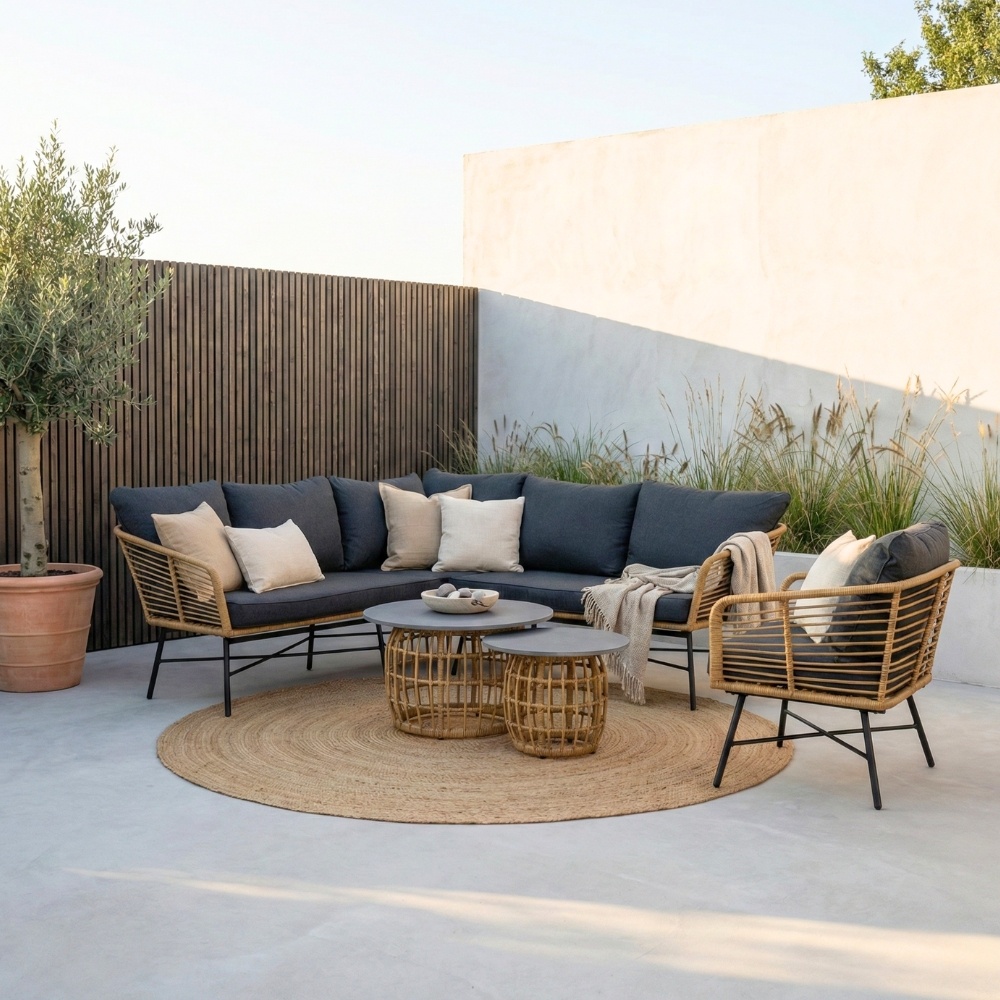 Flow hoek loungeset met stoel 6 personen | wicker + aluminium | Bamboo antraciet | 6-delig - 210x210cm