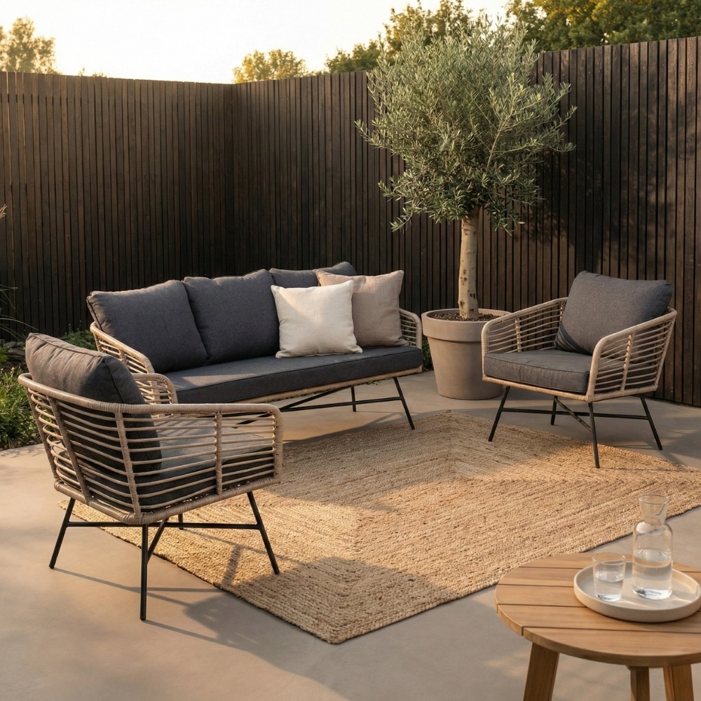Flow stoel-bank loungeset 5 personen | wicker + aluminium | bamboo antraciet | 3-delig