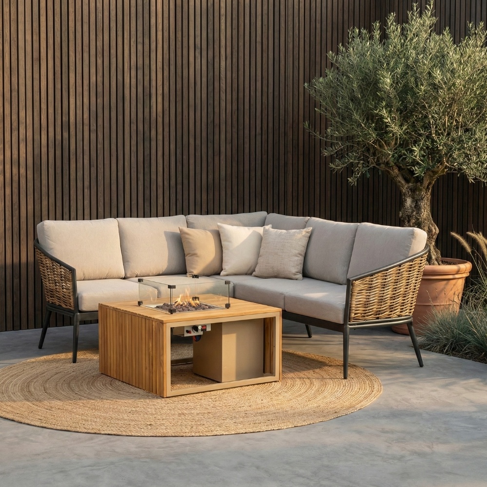Lucca/Mida hoek loungeset met vuurtafel 4 personen | wicker + aluminium | zand | 3-delig - 196x196cm