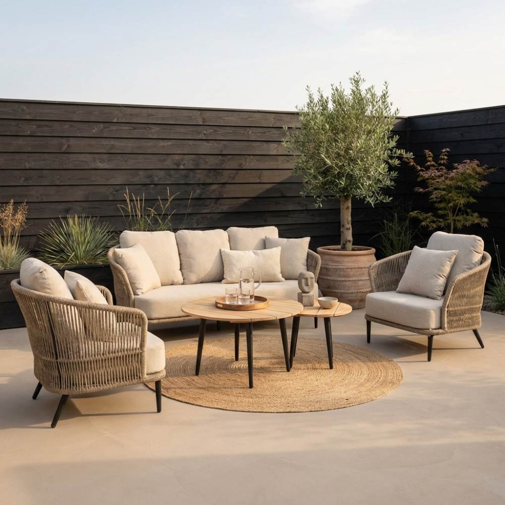 Palermo stoel-bank loungeset incl. tafels | aluminium + touw | Sahara Dust | 5-delig