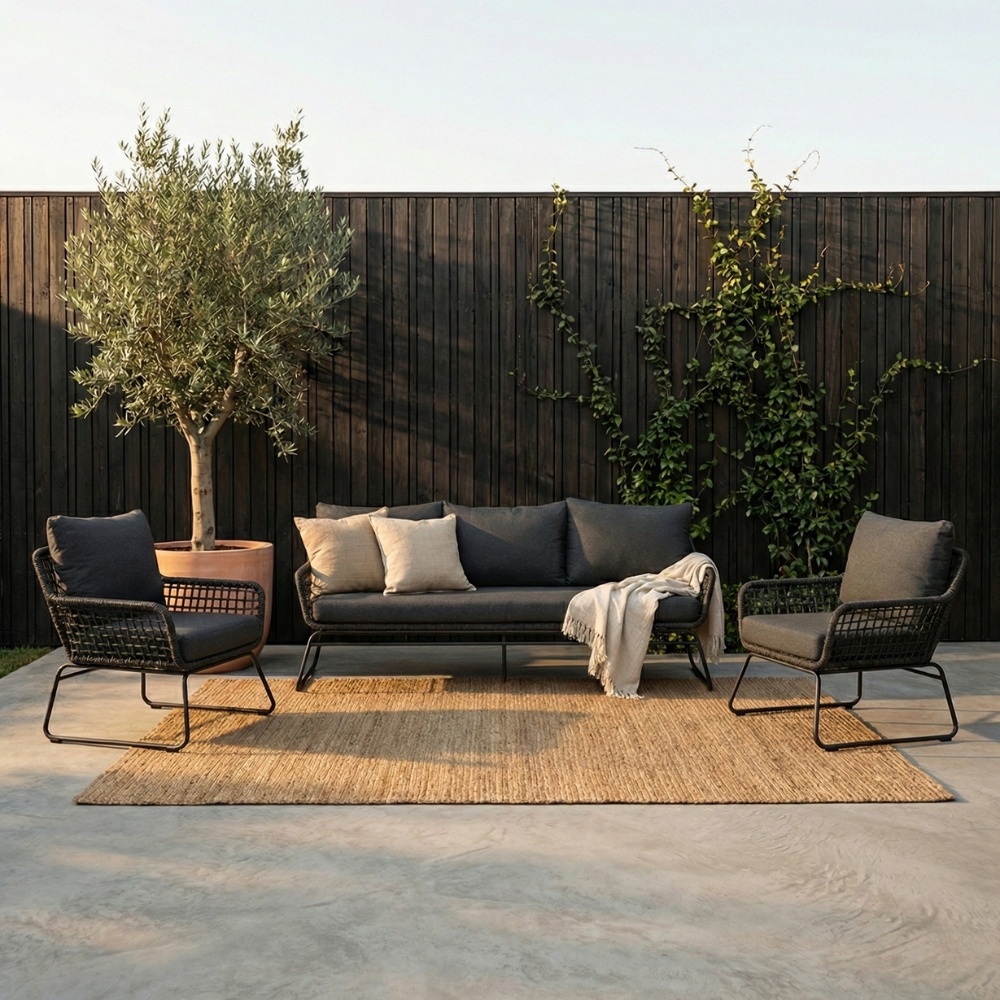 Valencia stoel-bank loungeset 5 personen | touw + aluminium | Lava Grey | 3-delig