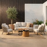 Palermo/Roundi stoel-bank loungeset met vuurtafel 5 personen | aluminium + touw | Sahara Dust | 5-delig