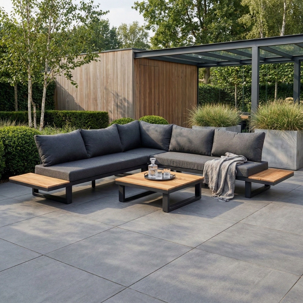 Canyon hoek loungeset incl. tafel | aluminium + hardhout | Antraciet/Light Teaklook | 4-delig