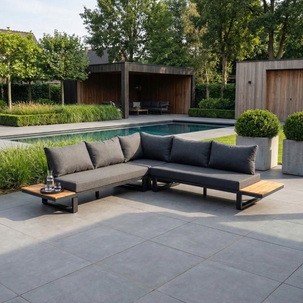 Canyon hoek loungeset 6 personen | aluminium + hardhout | Antraciet/Light Teaklook | 4-delig - 288x288cm