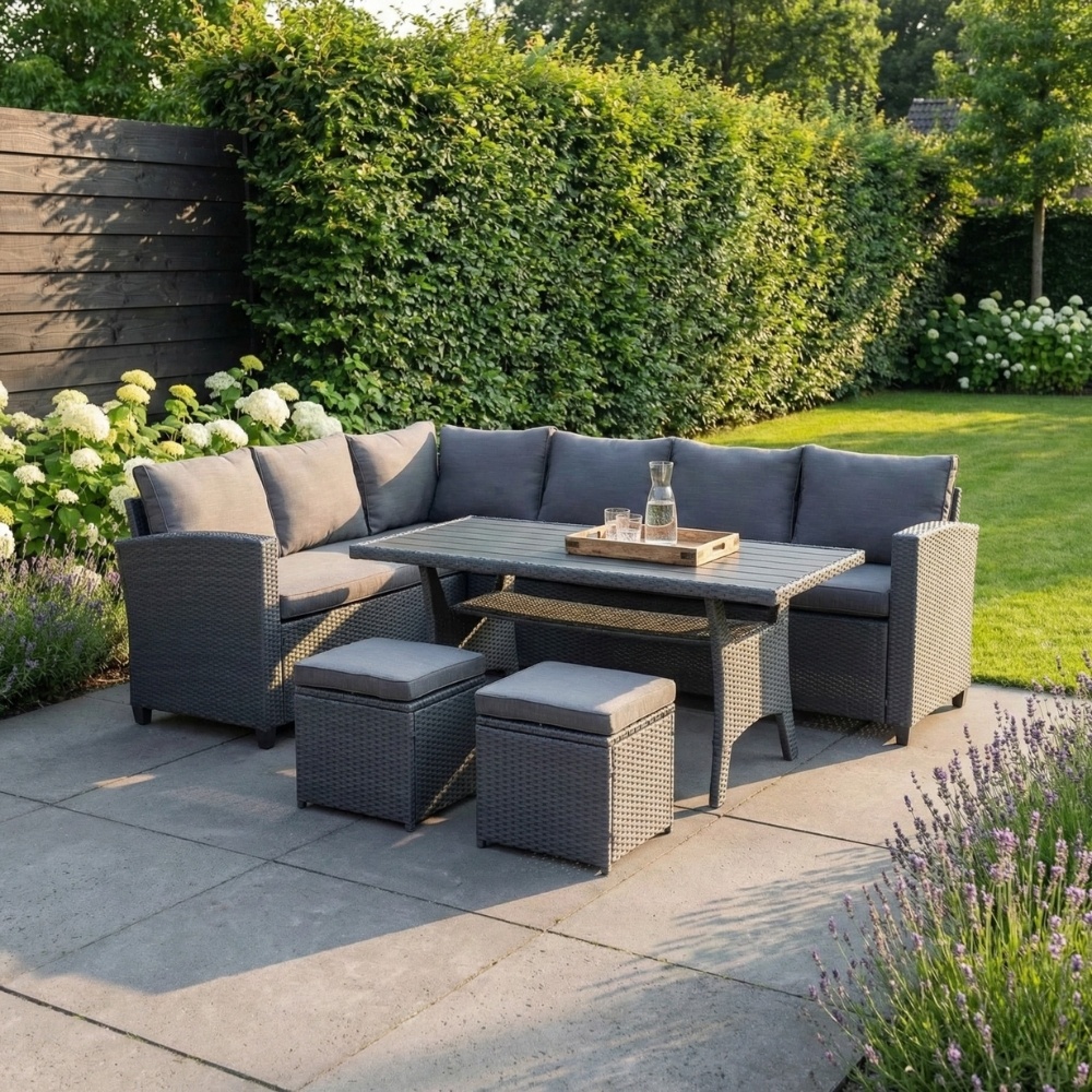 Stockholm dining loungeset met hockers 8 personen | wicker | zwart | 5-delig - 245x169cm