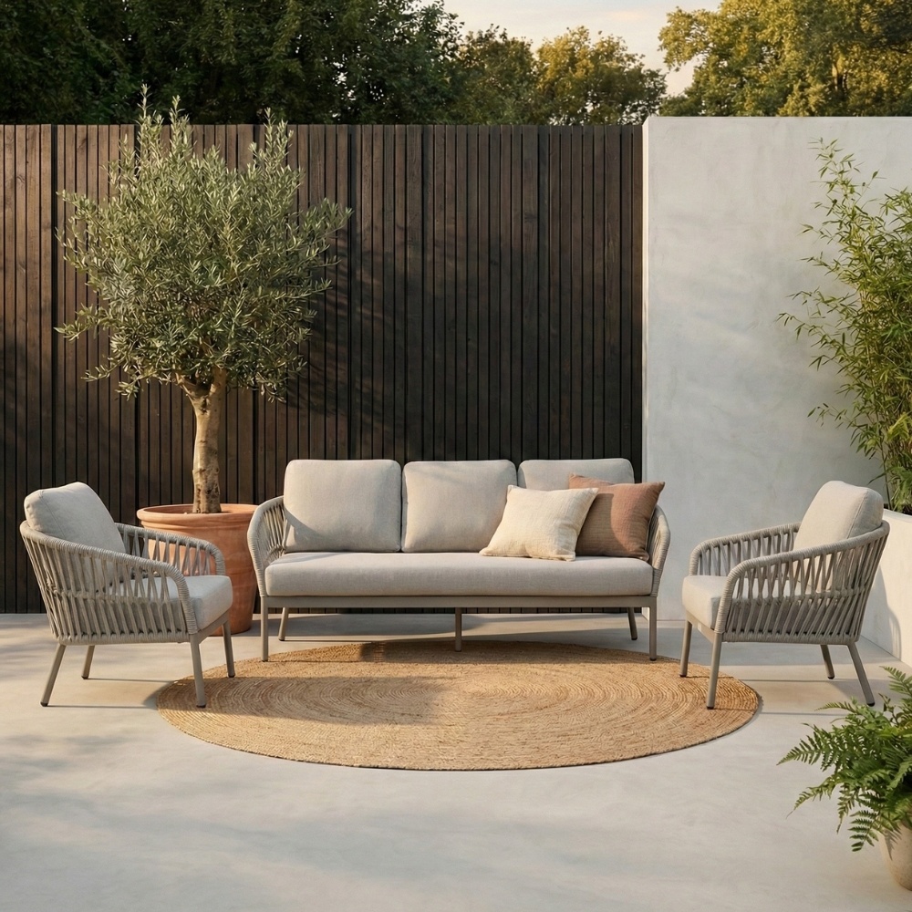 Mykonos stoel-bank loungeset 5 personen incl. tafel | aluminium + touw | beige | 4-delig