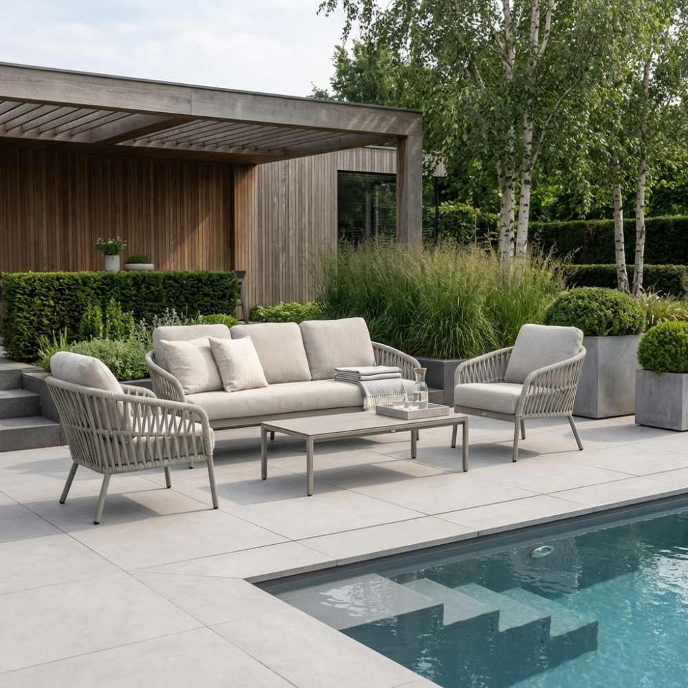 Mykonos stoel-bank loungeset 5 personen | aluminium + touw | beige | 3-delig