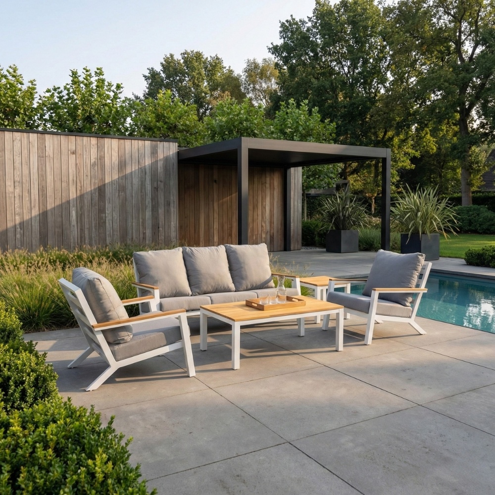 Donnan stoel-bank loungeset 5 personen | aluminium + bamboe | wit | 5-delig