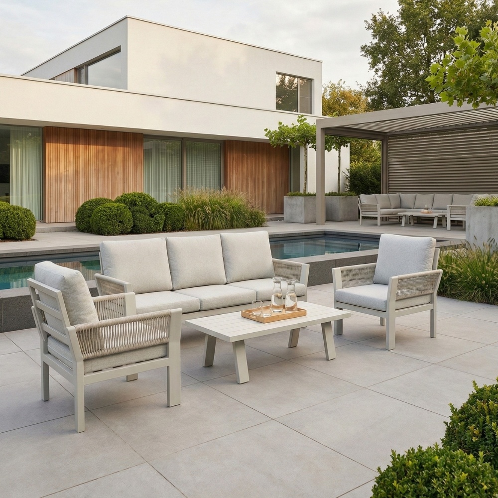 Venezia stoel-bank loungeset 5 personen incl. tafel | aluminium + touw | beige | 4-delig