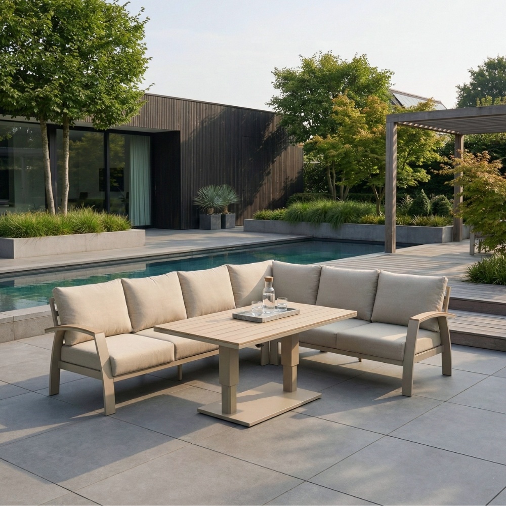 Bordeaux dining loungeset incl. bank 8 personen | aluminium + polywood | beige | 5-delig - 290x225cm