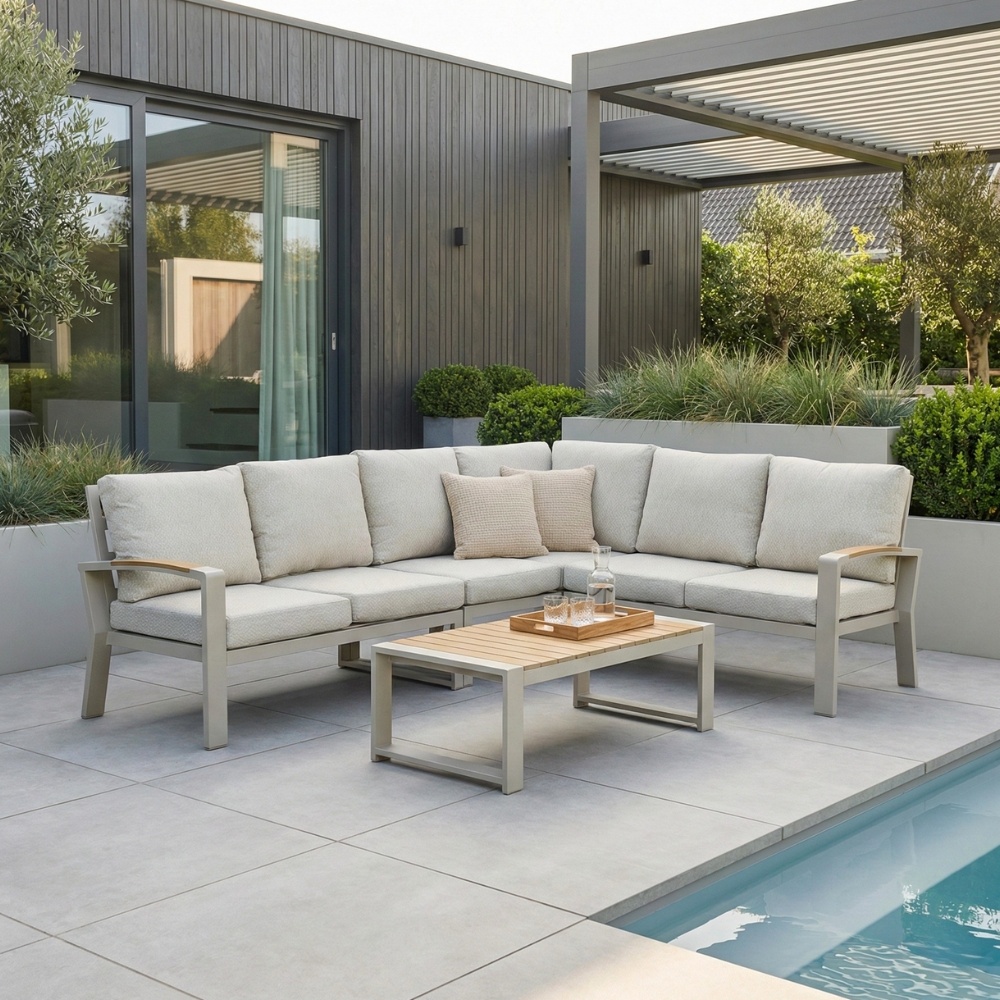 Seattle hoek loungeset 6 personen incl. tafel | aluminium + polywood | beige | 6-delig - 270x210cm