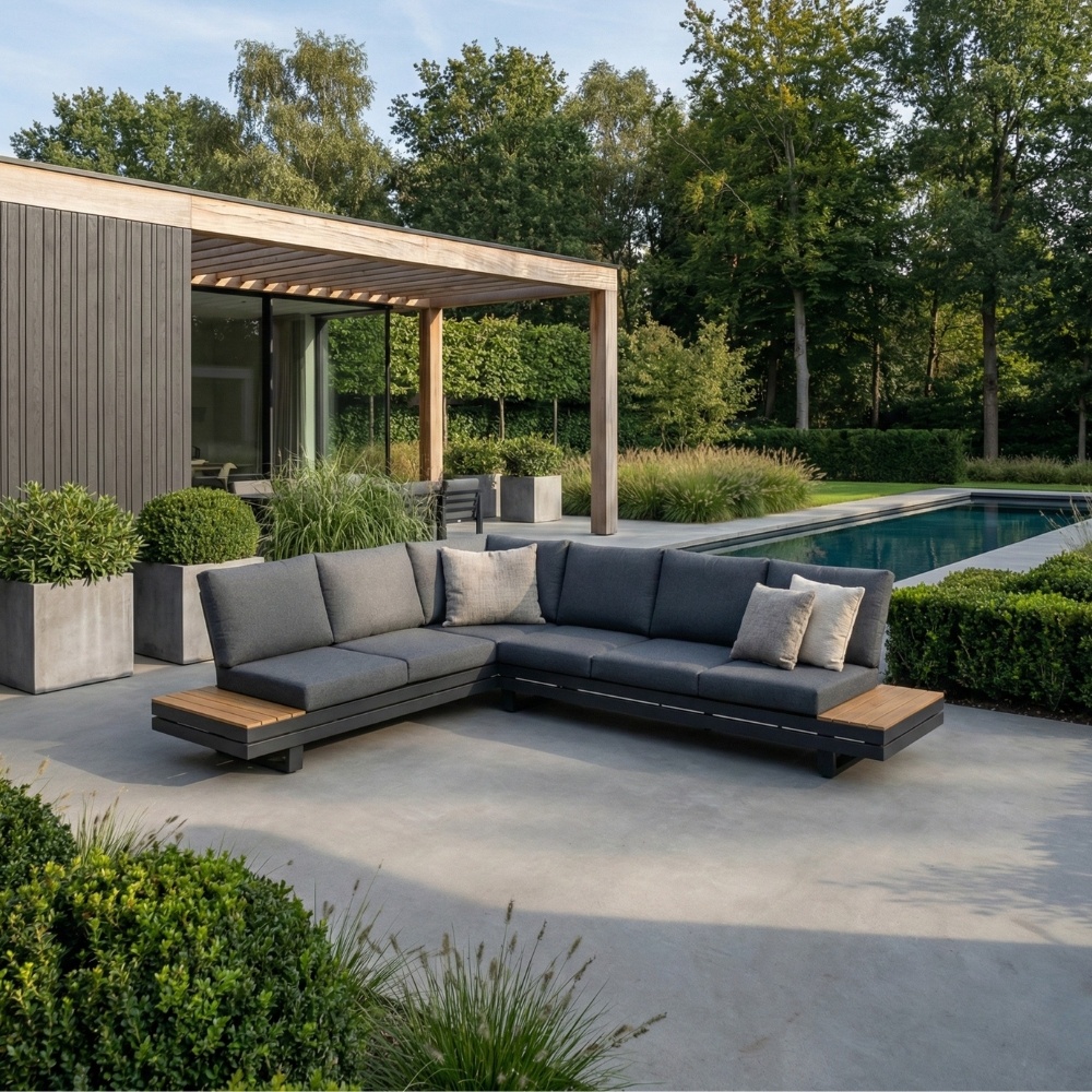 Vegas hoek loungeset-links 6 personen | aluminium + polywood | antraciet | 4-delig - 311x230cm