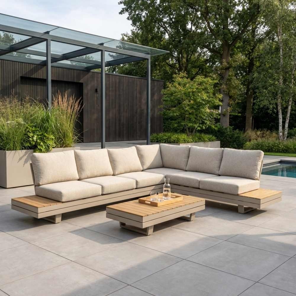 Vegas hoek loungeset-rechts 6 personen | aluminium + polywood | beige | 4-delig - 311x230cm