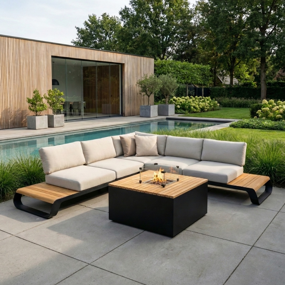 Palm Springs/Cube hoek loungeset 5 personen | aluminium + hardhout | met vuurtafel | 4-delig - 267x267cm