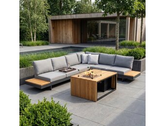 Barbados/Mida hoek loungeset met vuurtafel 6 personen | aluminium + teakhout | antraciet | 5-delig - 323x245cm