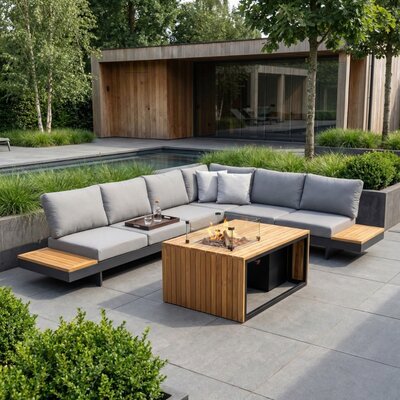 Barbados/Mida hoek loungeset met vuurtafel 6 personen | aluminium + teakhout | antraciet | 5-delig - 323x245cm