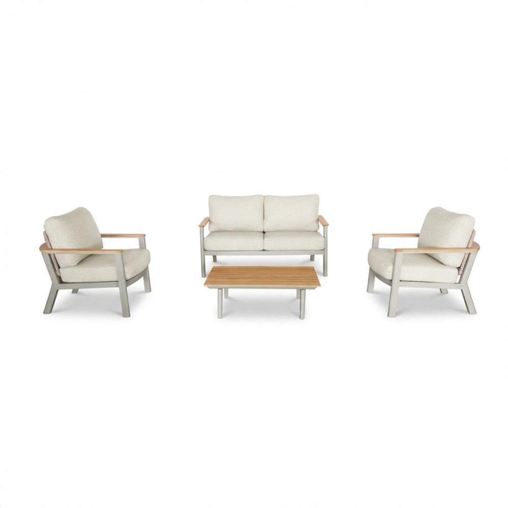 Montana stoel-bank loungeset 4 personen incl. tafel | aluminium + teak | beige | 4-delig