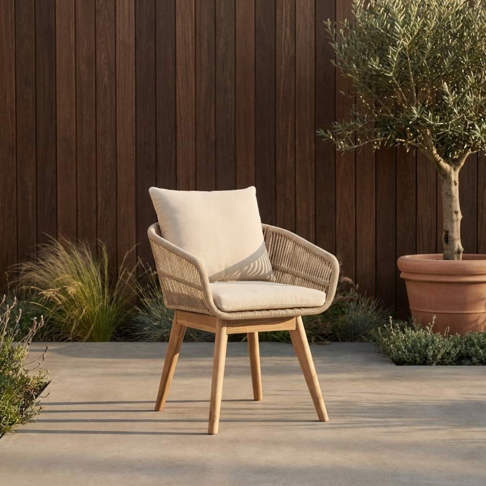 Bella dining tuinstoel | touw + hardhout | zand