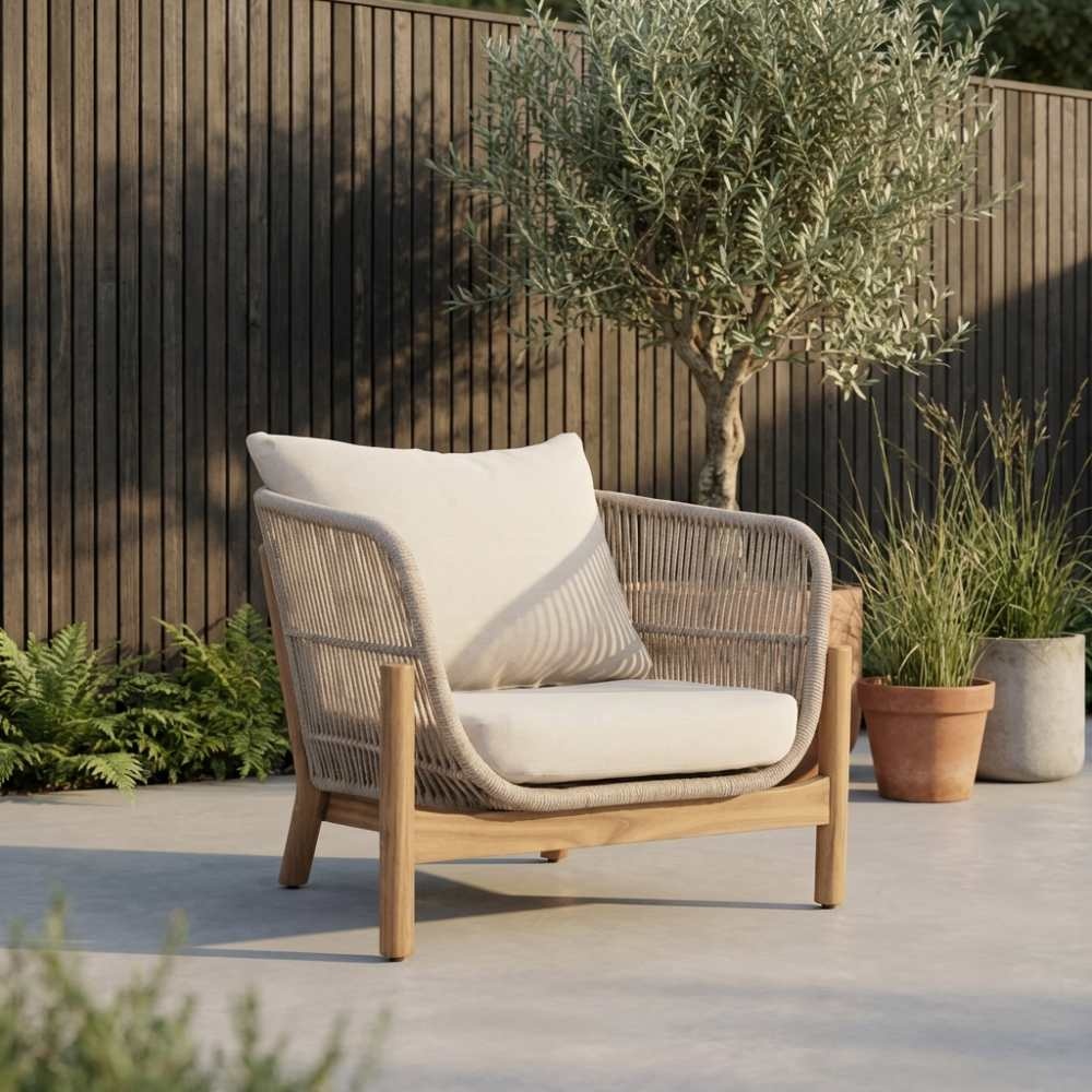 Braga loungestoel tuin | touw + hardhout | zand