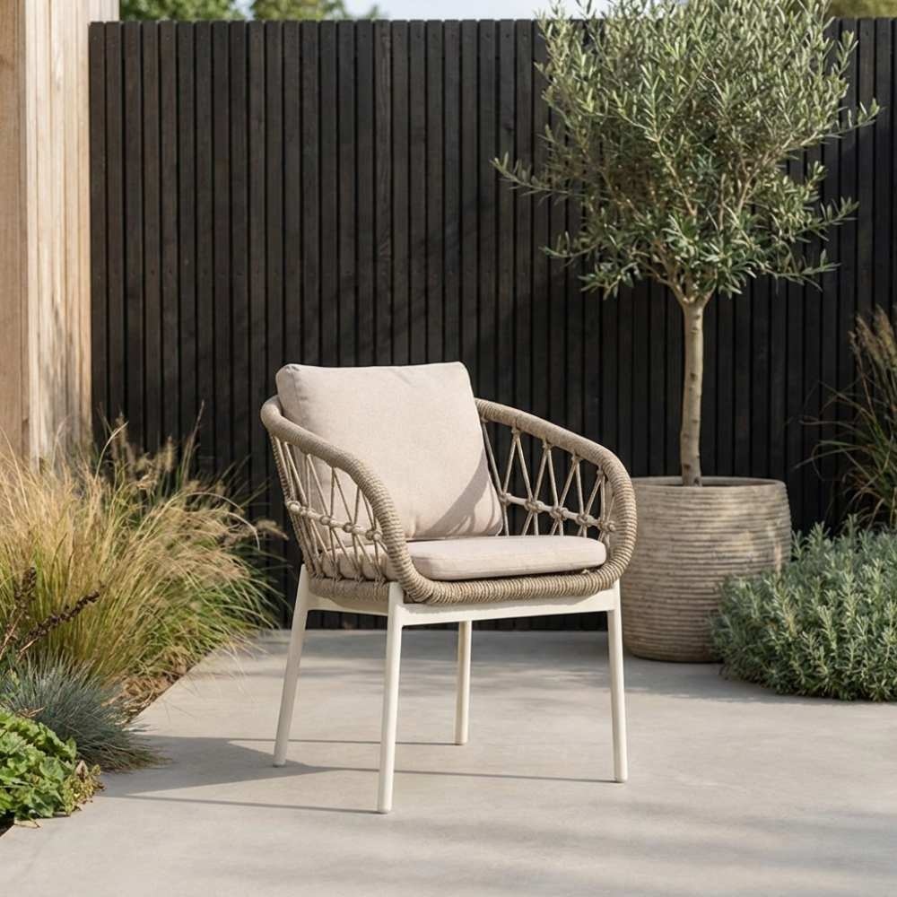 Lorento/Dakota beige/wit dining tuinset | 6 personen | travertin + touw | 240cm